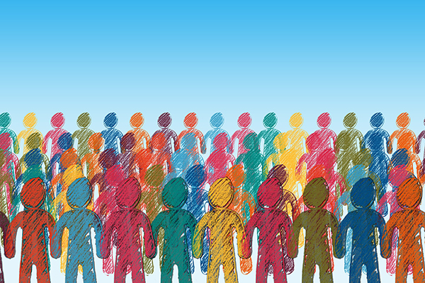 Crowd of multicolored, sketched human figures standing together under a blue sky